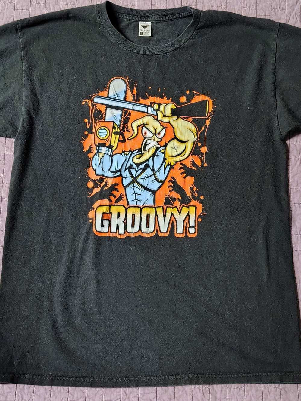 TEE FURY Mens Large Earthworm Jim Evil Dead Mashup Graphic T-Shirt Groovy Ash